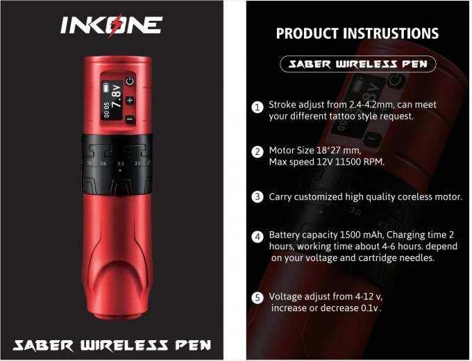 1500mAh drahtlose Tätowierpistole INKONE SABER Kernlose Tätowiermaschine Stift leistungsstarker Motor Langschlag 4,2mm Flugzeug Aluminium 9